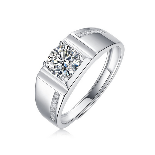 [1 Carat] Men’s Adjustable Solitaire Symmetry Line Moissanite Ring 925 Silver White Gold Plating