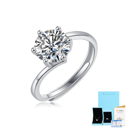 [0.5-3 Carat] Six Claw Adjustable Moissanite Ring White Gold Plating 925 Silver