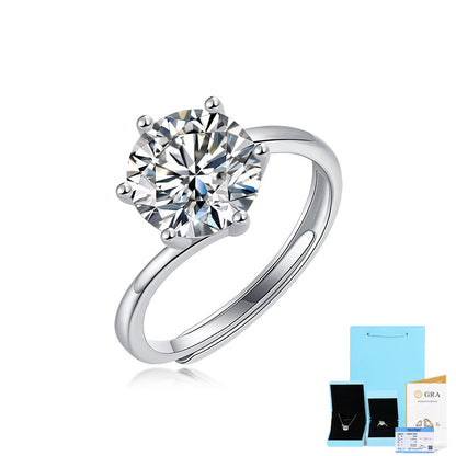 [0.5-3 Carat] Six Claw Adjustable Moissanite Ring White Gold Plating 925 Silver