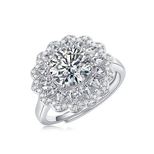 [2 Carat] Adjustable Blossom Solitaire Moissanite Ring 925 Silver White Gold Plating