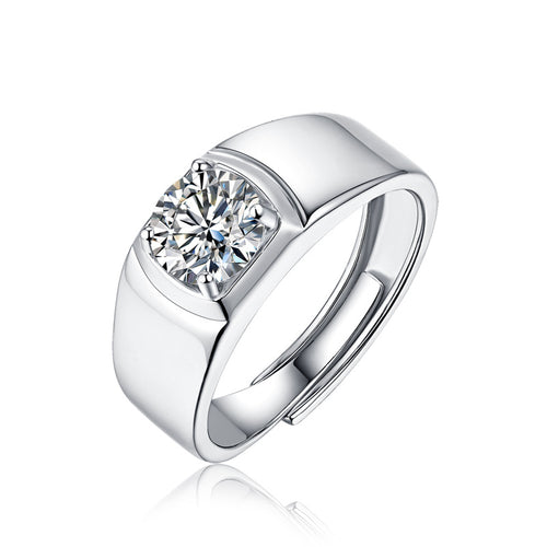 [1-3 Carat] Men's Adjustable Solitaire Moissanite Ring 925 Silver White Gold Plating