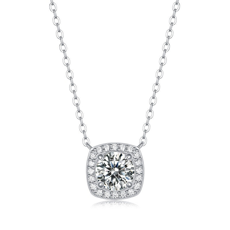 [1 Carat] Halo Moissanite Necklace White Gold Color 925 Silver