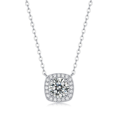 [1 Carat] Halo Moissanite Necklace White Gold Color 925 Silver