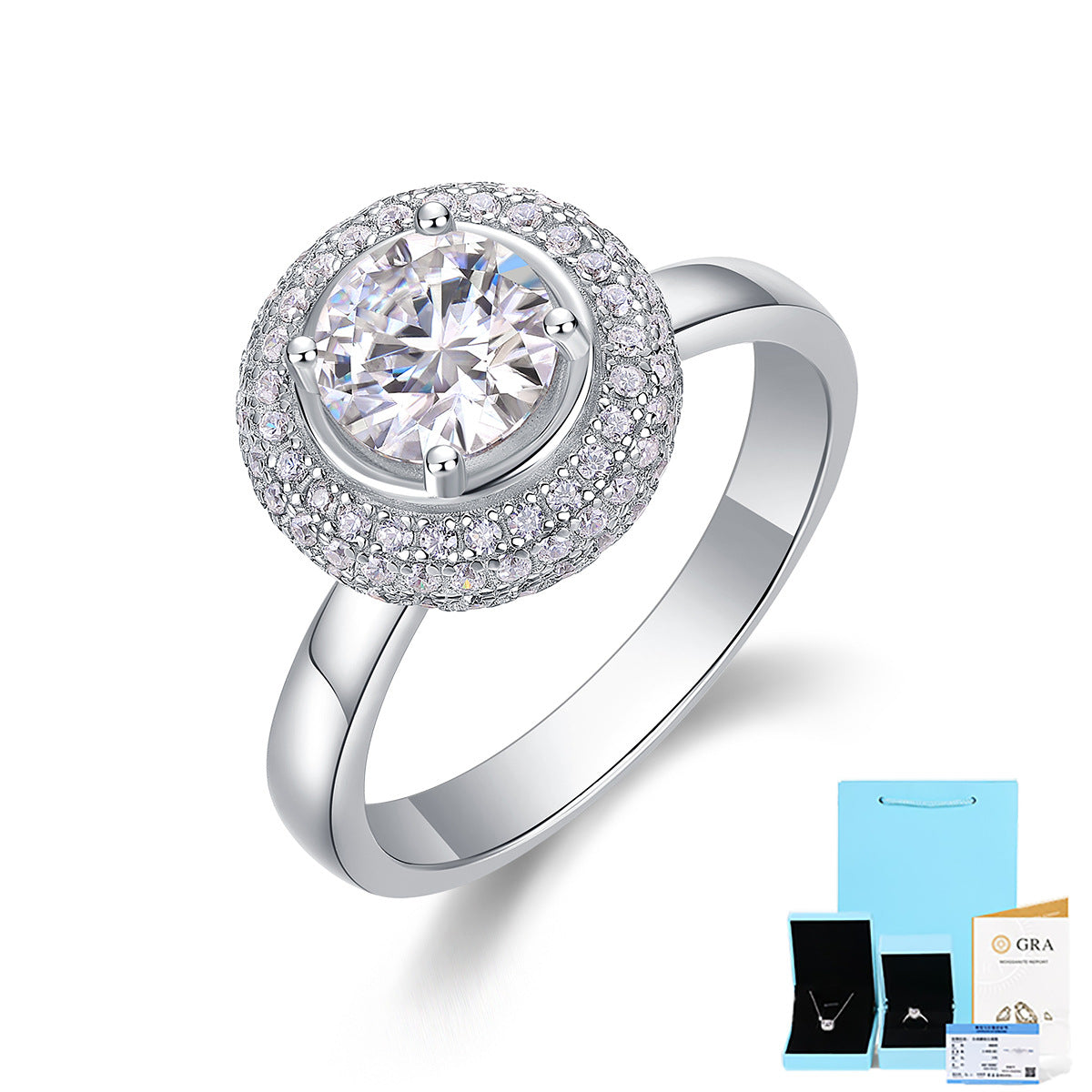 [1 Carat] Halo Style Moissanite Ring White Gold Color 925 Silver