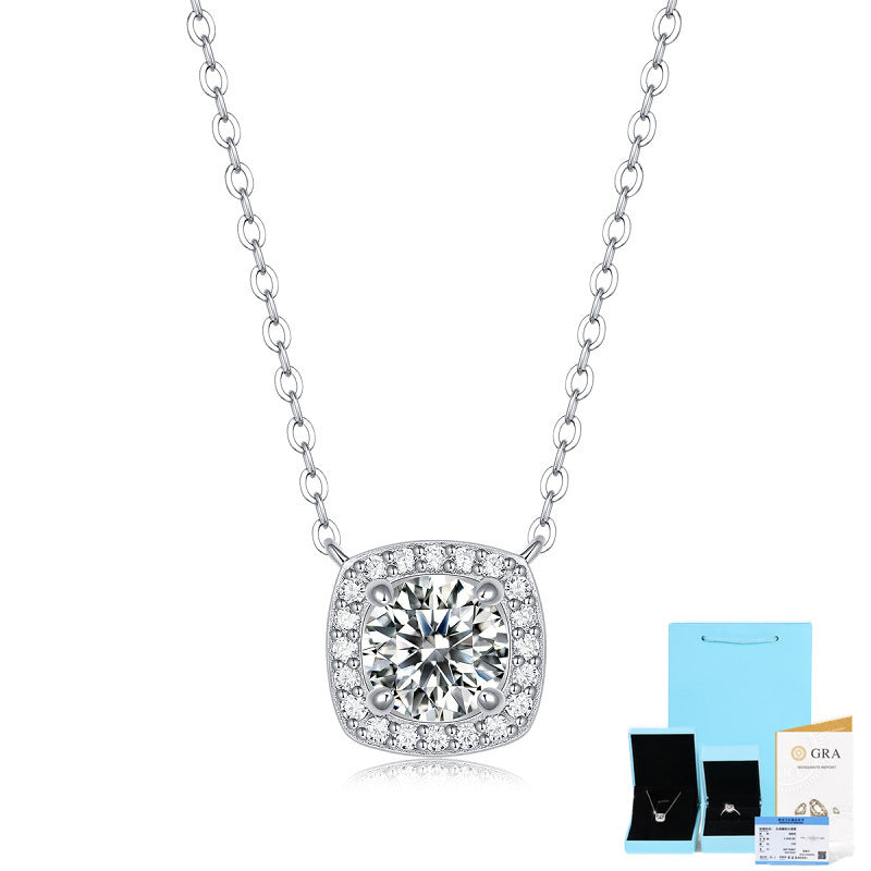 [1 Carat] Halo Moissanite Necklace White Gold Color 925 Silver