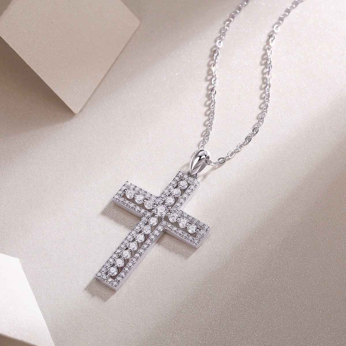 [1 Carat] Moissanite Pave Cross Necklace 18K White Gold Plating 925 Silver