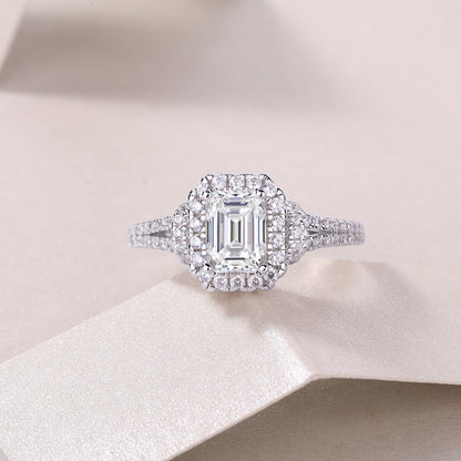 [1 Carat] Halo Emerald Cut Moissanite Ring 18K White Gold Plating 925 Silver