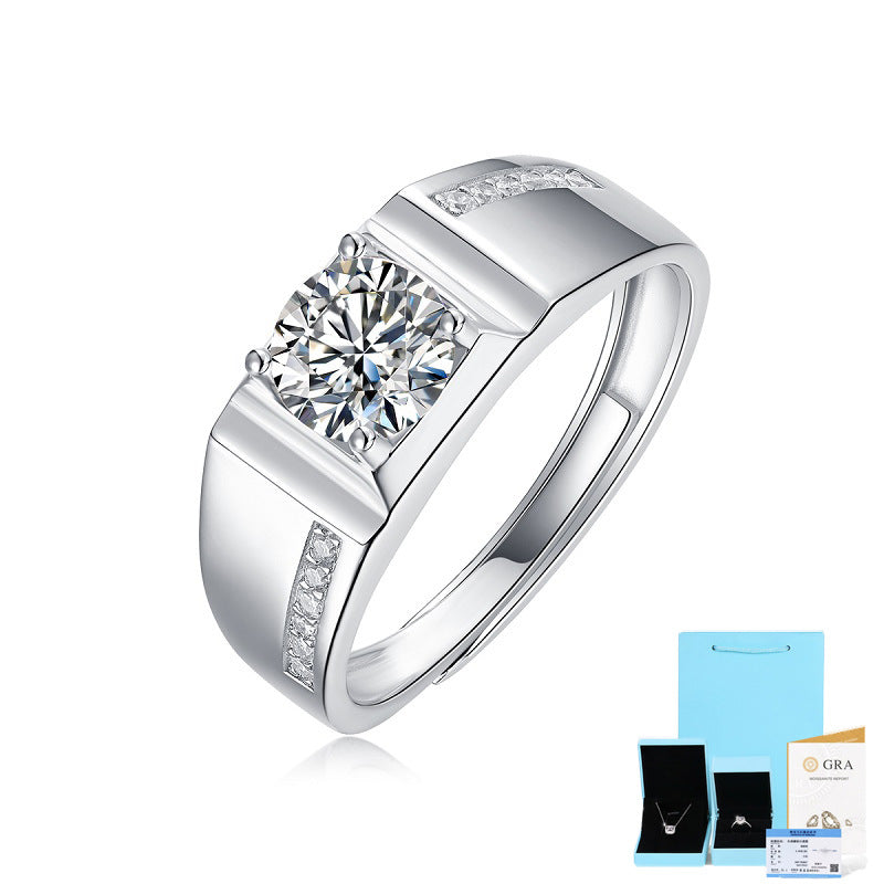 [1 Carat] Men’s Adjustable Solitaire Symmetry Line Moissanite Ring 925 Silver White Gold Plating