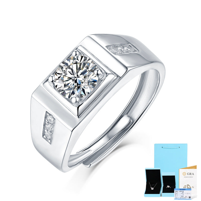 [1 Carat] Men's Adjustable Solitaire Two Dots Moissanite Ring 925 Silver White Gold Plating