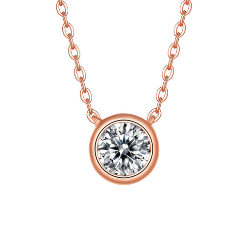 [0.5-2 Carat] Solitaire Bezel Moissanite Necklace White & Rose Gold Plating 925 Silver