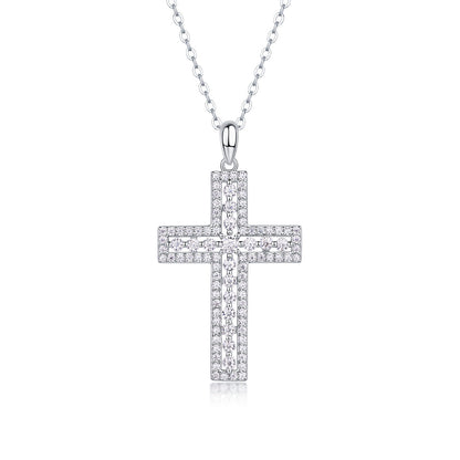 [1 Carat] Moissanite Pave Cross Necklace 18K White Gold Plating 925 Silver