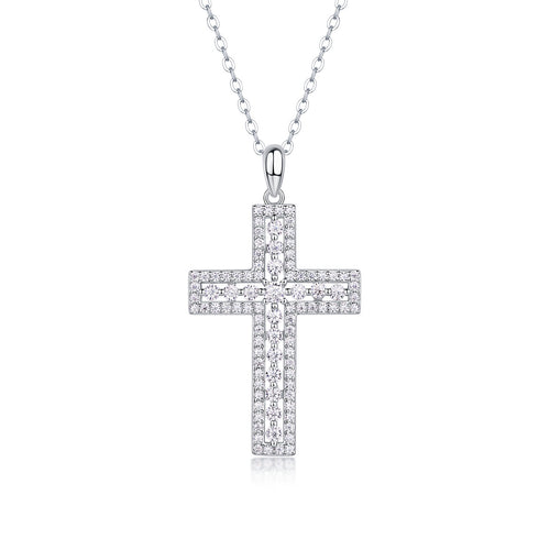 [1 Carat] Moissanite Pave Cross Necklace 18K White Gold Plating 925 Silver