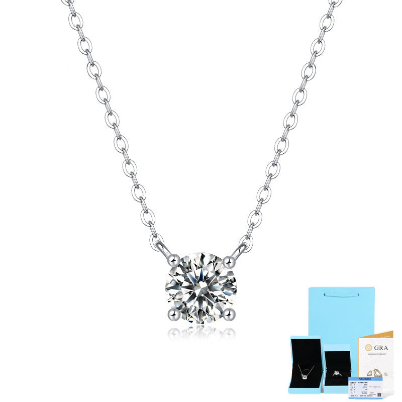 [1 & 2 Carat] Solitaire Moissanite White Gold Color Silver Plating Necklace