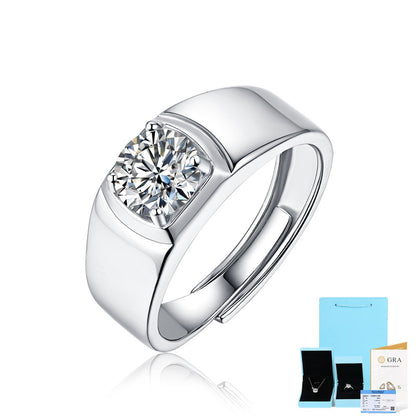 [1-3 Carat] Men's Adjustable Solitaire Moissanite Ring 925 Silver White Gold Plating