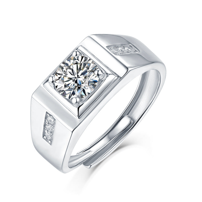 [1 Carat] Men's Adjustable Solitaire Two Dots Moissanite Ring 925 Silver White Gold Plating