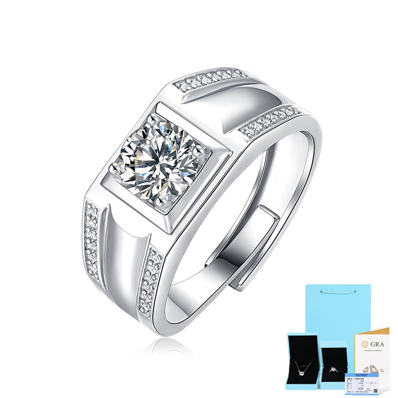 [1 Carat] Men's Adjustable Double Line Solitaire Moissanite Ring 925 Silver White Gold Plating