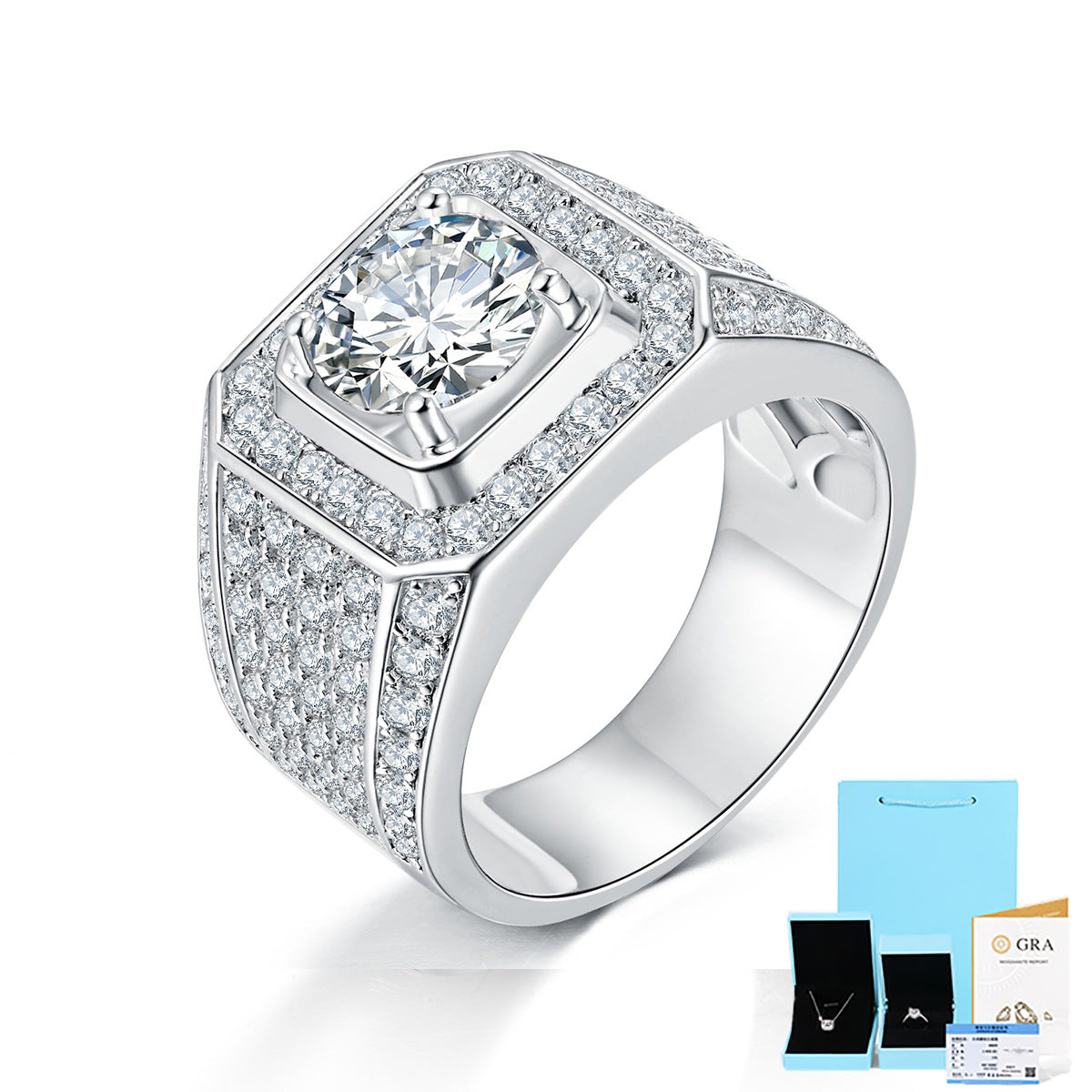 [5 Carat] Men's Solitaire Pave Setting Moissanite Ring 925 Silver White Gold Plating