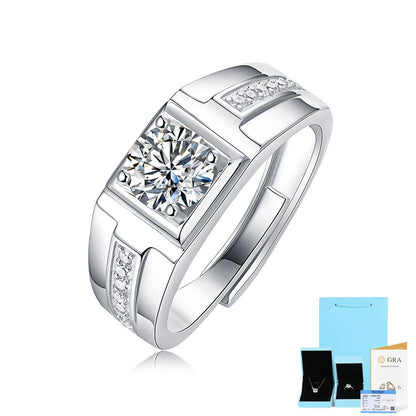 [1 Carat] Men's Adjustable Center Line Solitaire Moissanite Ring 925 Silver White Gold Plating