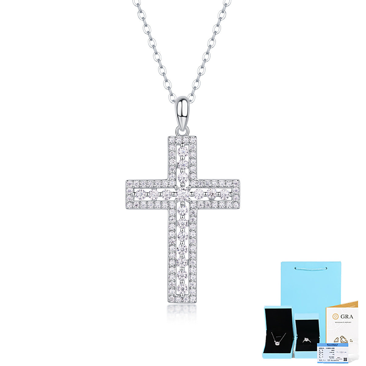 [1 Carat] Moissanite Pave Cross Necklace 18K White Gold Plating 925 Silver