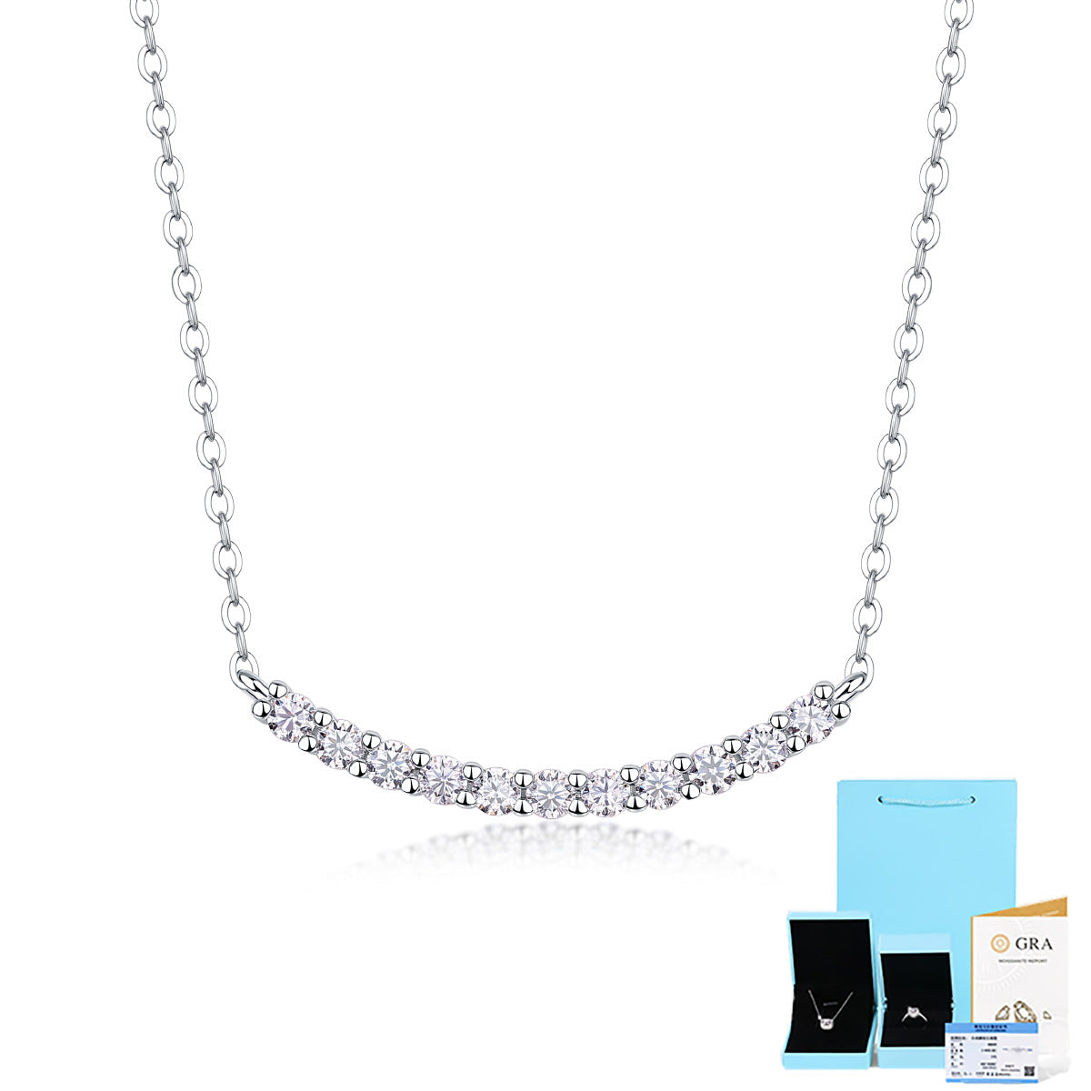 [0.7 Carat] Curved Bar Moissanite Necklace 18K White Gold Plating 925 Silver