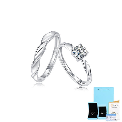 [0.5 Carat] Adjustable Couple Ring Set Solitaire Moissanite Ring White Gold Plating 925 Silver