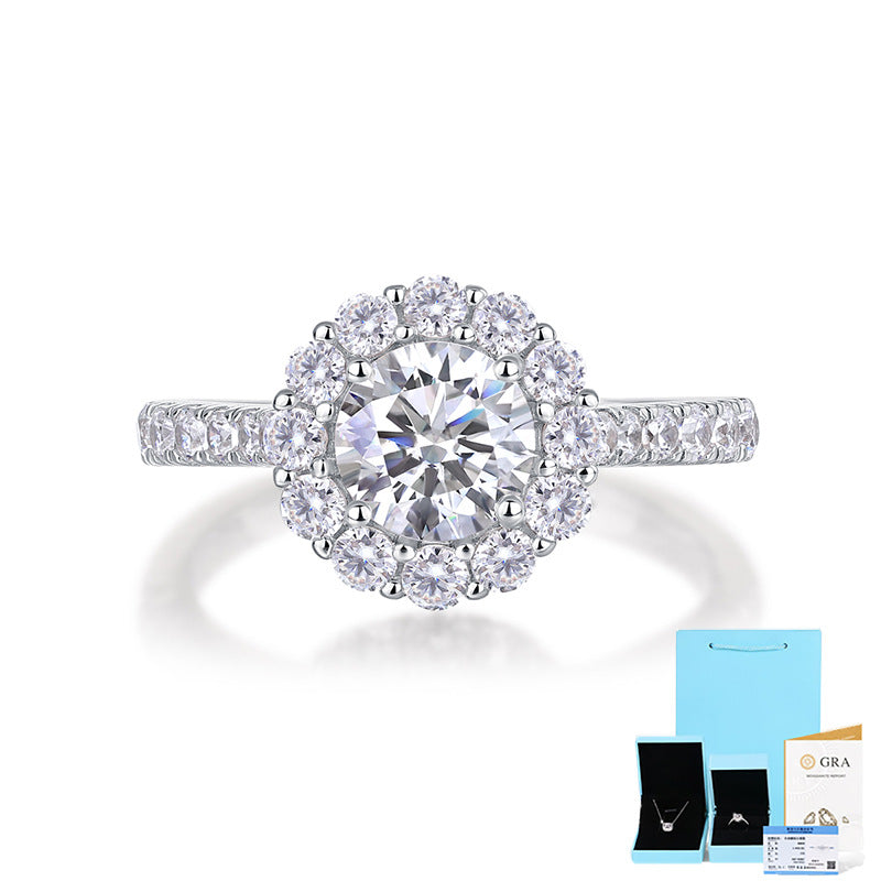 [1 Carat] Round Halo Moissanite Ring 18K White Gold Plating 925 Silver