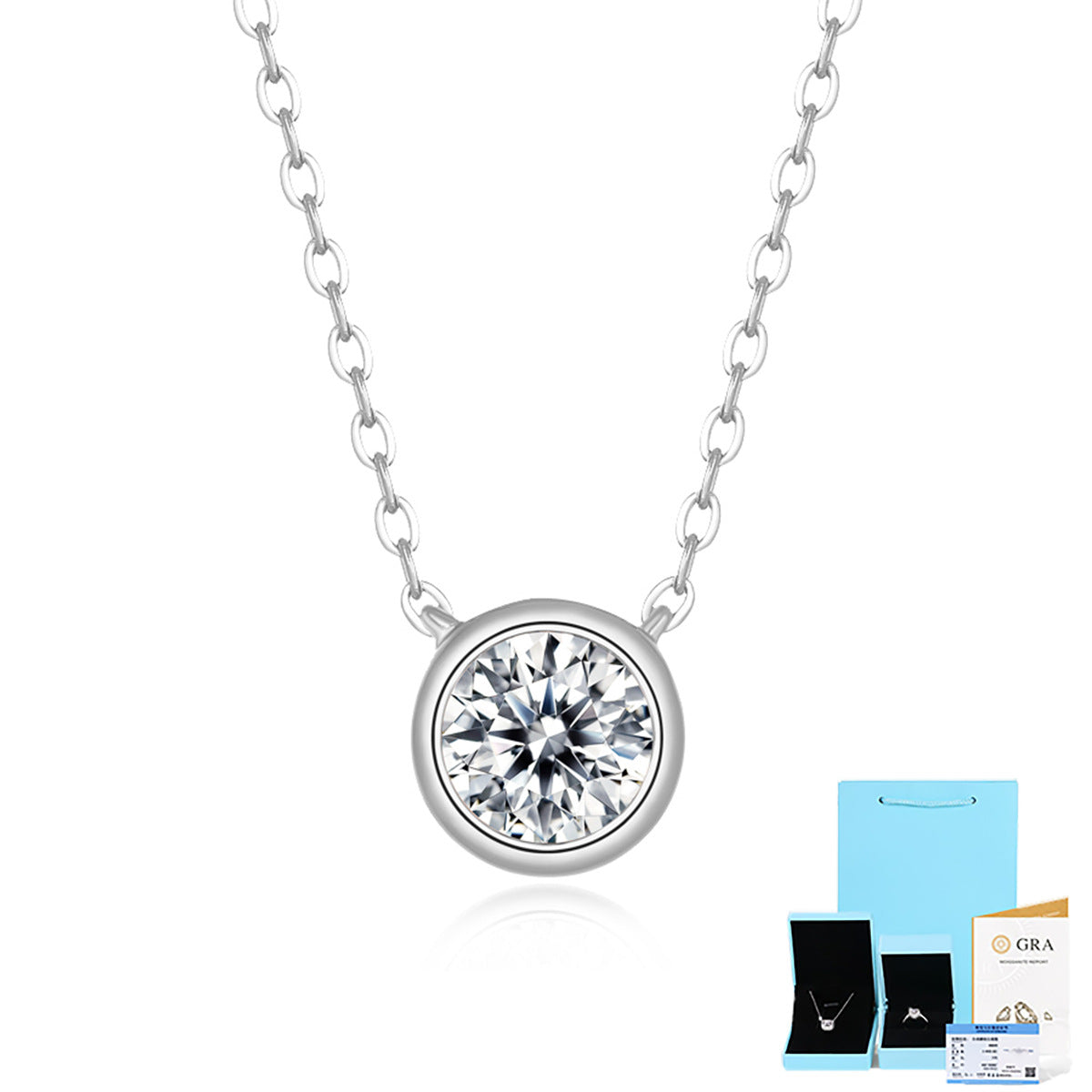 [0.5-2 Carat] Solitaire Bezel Moissanite Necklace White & Rose Gold Plating 925 Silver