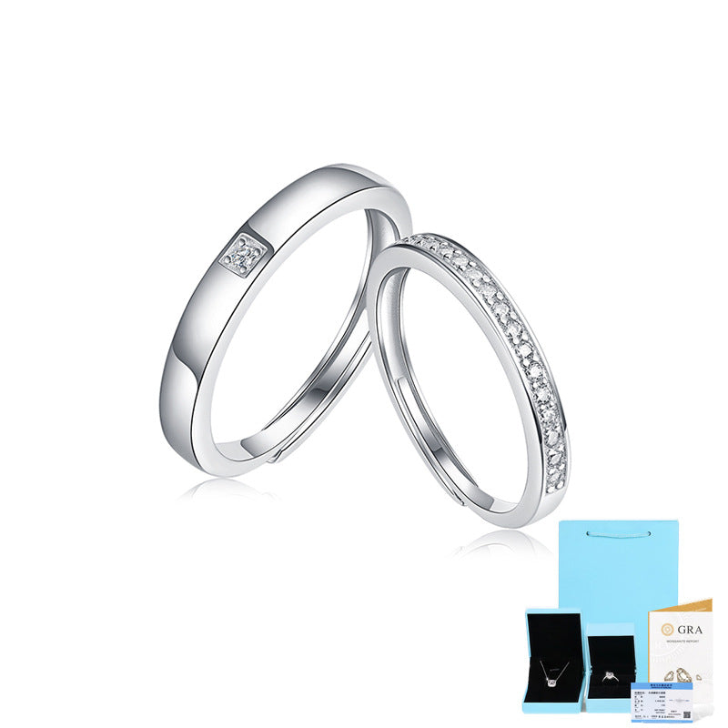 [0.01 & 0.17 Carat] Adjustable Couple Ring Set Half Pave Moissanite Ring White Gold Plating 925 Silver