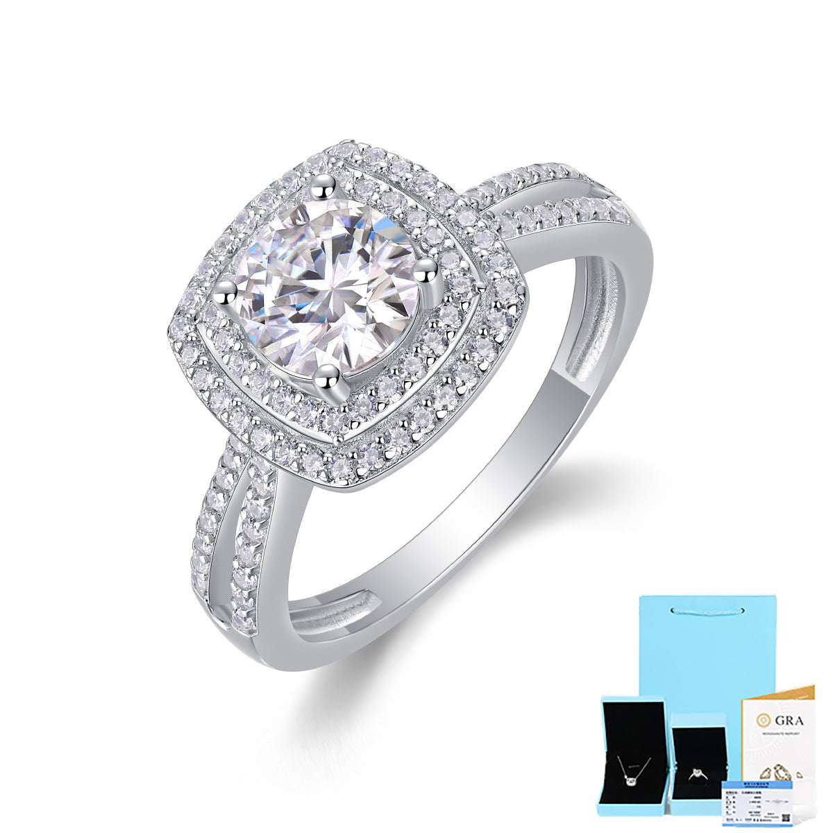 [1 Carat] Cushion Double Halo Round Moissanite Ring 18K White Gold Plating 925 Silver