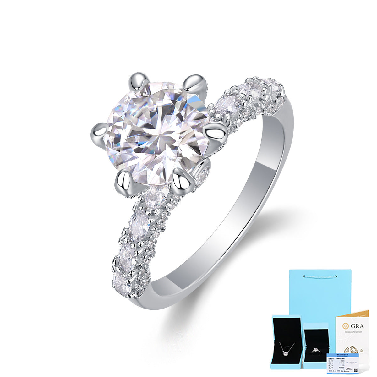 [1-3 Carat] Solitaire Pave Setting Moissanite Ring 18K White Gold Plating 925 Silver