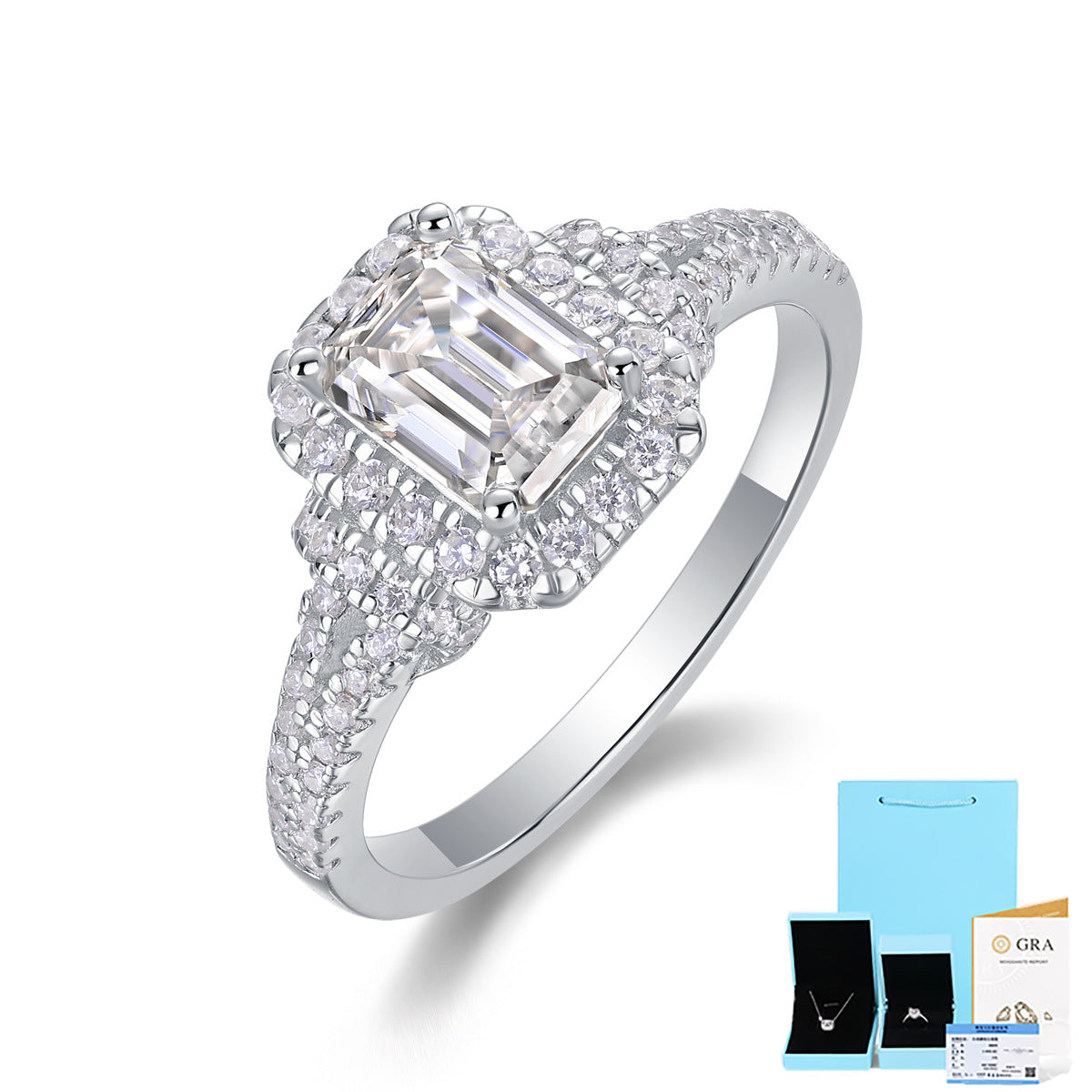 [1 Carat] Halo Emerald Cut Moissanite Ring 18K White Gold Plating 925 Silver