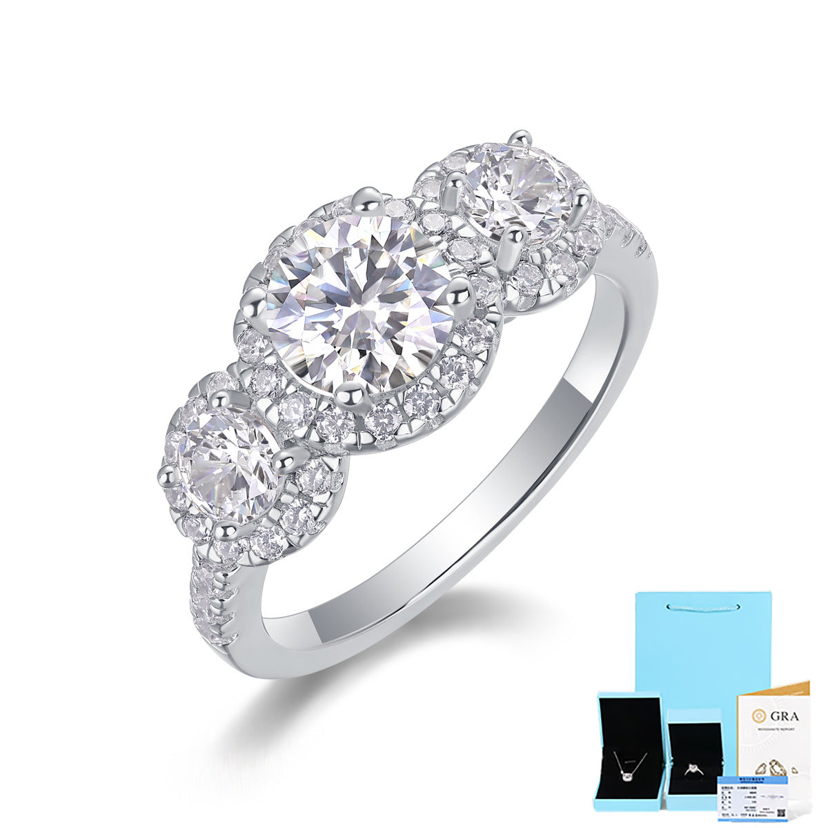 [1 Carat] Three Stone Halo Solitaire Moissanite Ring 18K White Gold Plating 925 Silver