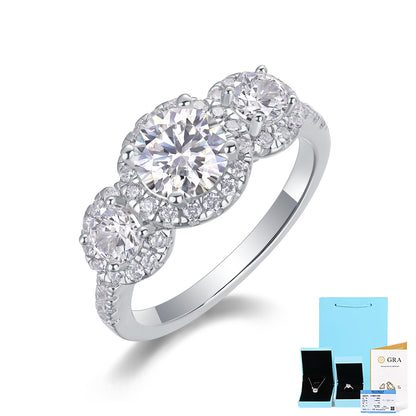 [1 Carat] Three Stone Halo Solitaire Moissanite Ring 18K White Gold Plating 925 Silver