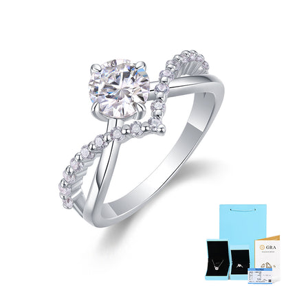 [1 Carat] Crown Pave Moissanite Ring White Gold Color 925 Silver