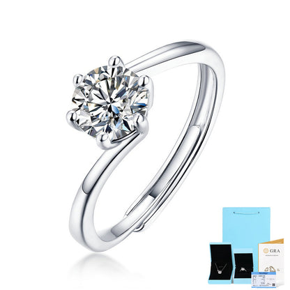 [0.5-3 Carat] Six Claw Adjustable Moissanite Ring White Gold Plating 925 Silver