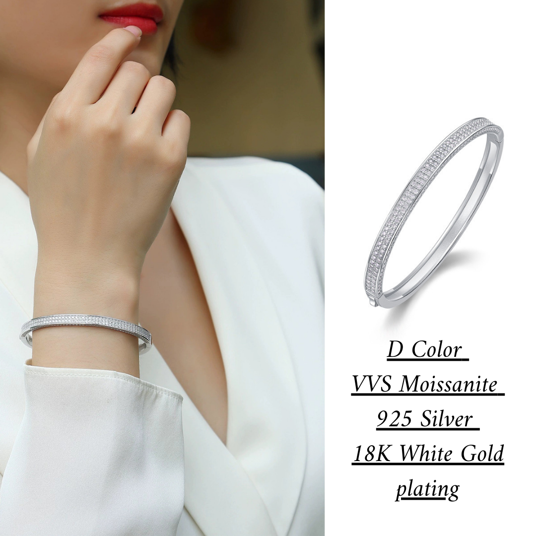 [3 Carat] Starlight Moissanite Bangle Bracelet 18k White Gold Plating 925 Silver