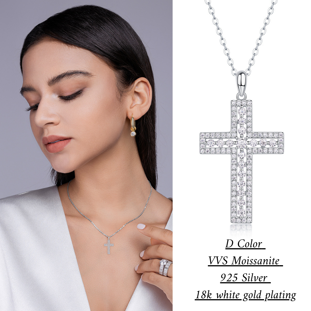 [1 Carat] Moissanite Pave Cross Necklace 18K White Gold Plating 925 Silver