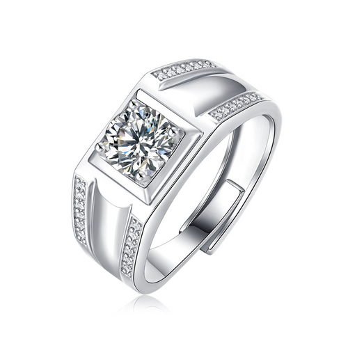 [1 Carat] Men's Adjustable Double Line Solitaire Moissanite Ring 925 Silver White Gold Plating