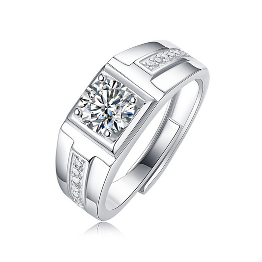 [1 Carat] Men's Adjustable Center Line Solitaire Moissanite Ring 925 Silver White Gold Plating