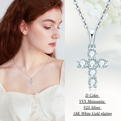 [0.6 Carat] FaithGlow Cross Pendant Moissanite Necklace White Gold Plating 925 Silver